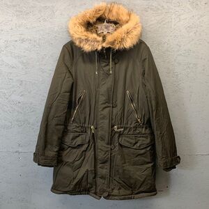Zara Hooded Heavy Parka Women’s L Olive Green Faux Leopard Fur Trim Winter Parka